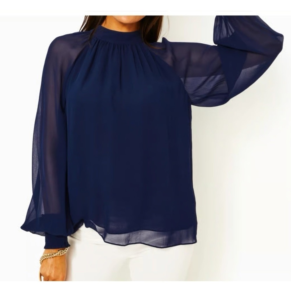 NWT Lilly Pulitzer Ellielynn Sheer Tie Neck Smocked Cuff Top‎ Blouse XS Summer